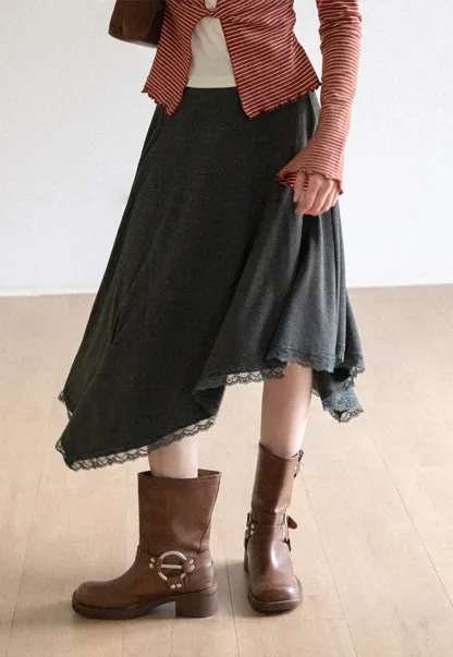 Asymmetrical Hem Lace Trim Skirt