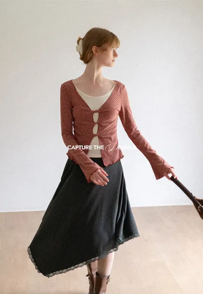 Asymmetrical Hem Lace Trim Skirt