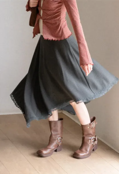 Asymmetrical Hem Lace Trim Skirt