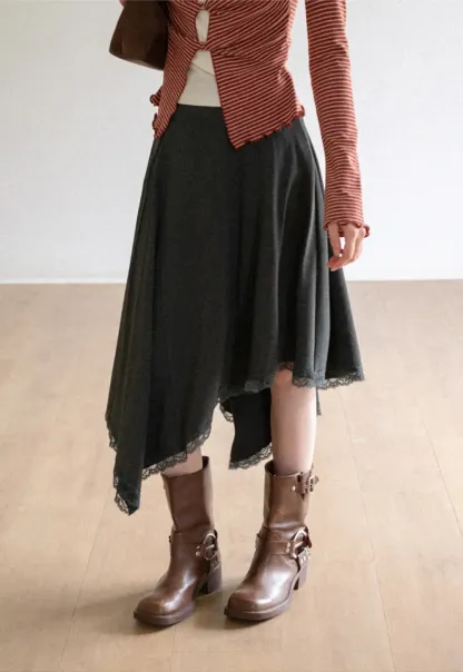 Asymmetrical Hem Lace Trim Skirt