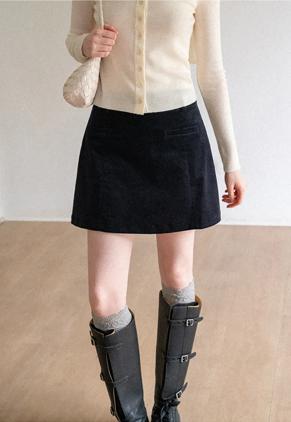 Corduroy Mini Skirt with Front Patch Pockets