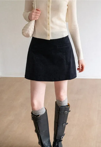 Corduroy Mini Skirt with Front Patch Pockets