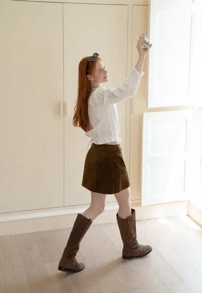 Corduroy Mini Skirt with Front Patch Pockets