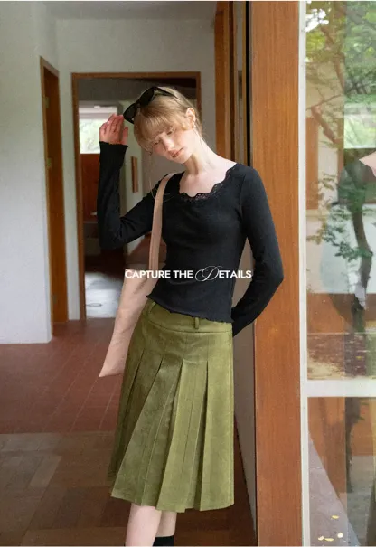 Pleated High Waist A Line Skirt