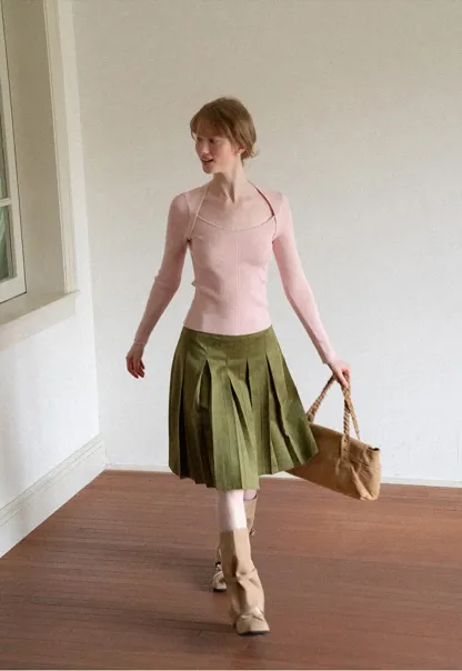 Pleated High Waist A Line Skirt