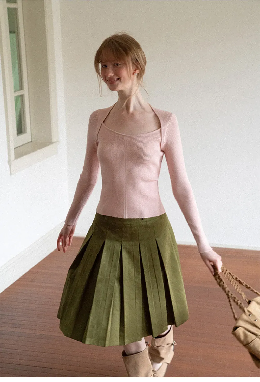Pleated High Waist A Line Skirt