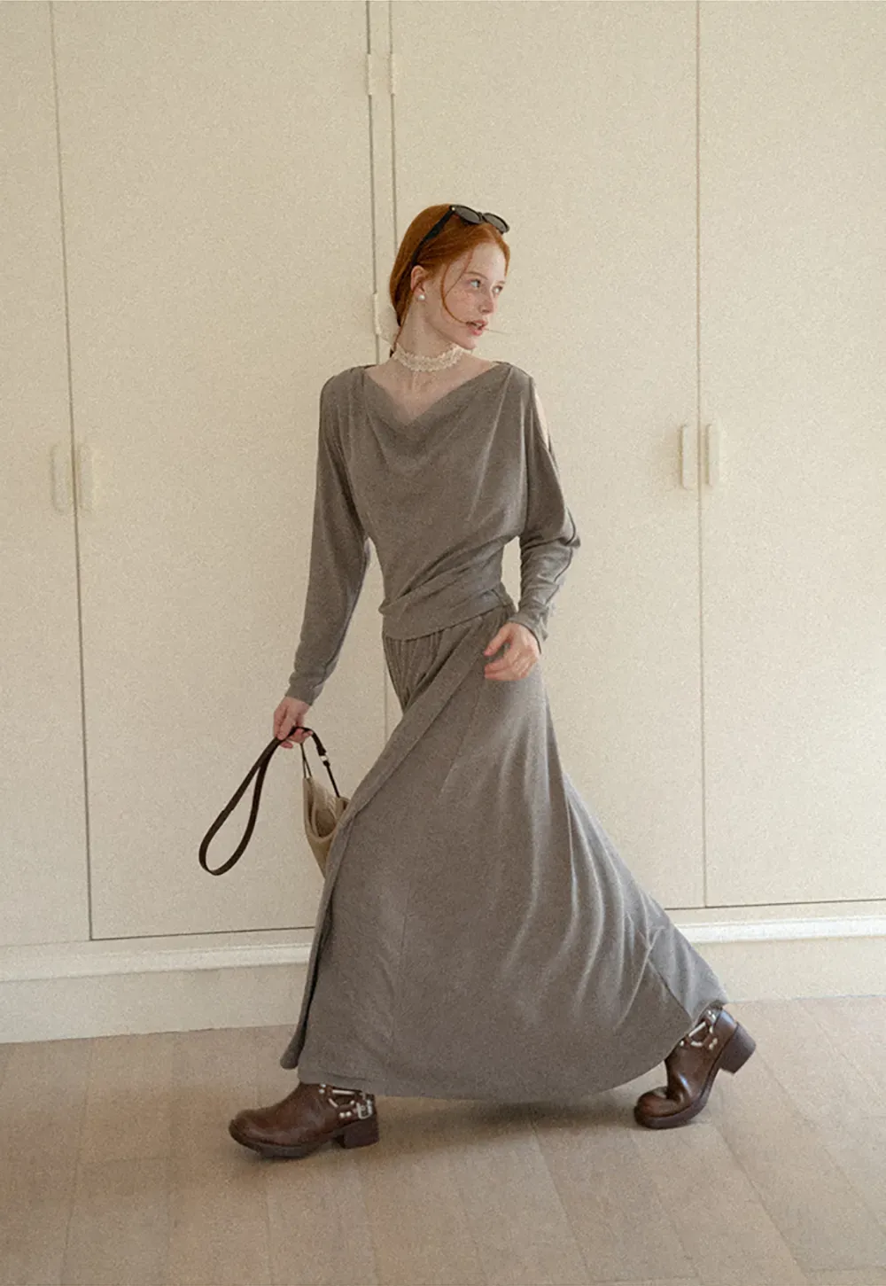 Cowl Neck Cold Shoulder Long Sleeve Dress