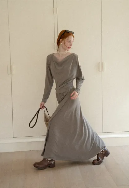 Cowl Neck Cold Shoulder Long Sleeve Dress
