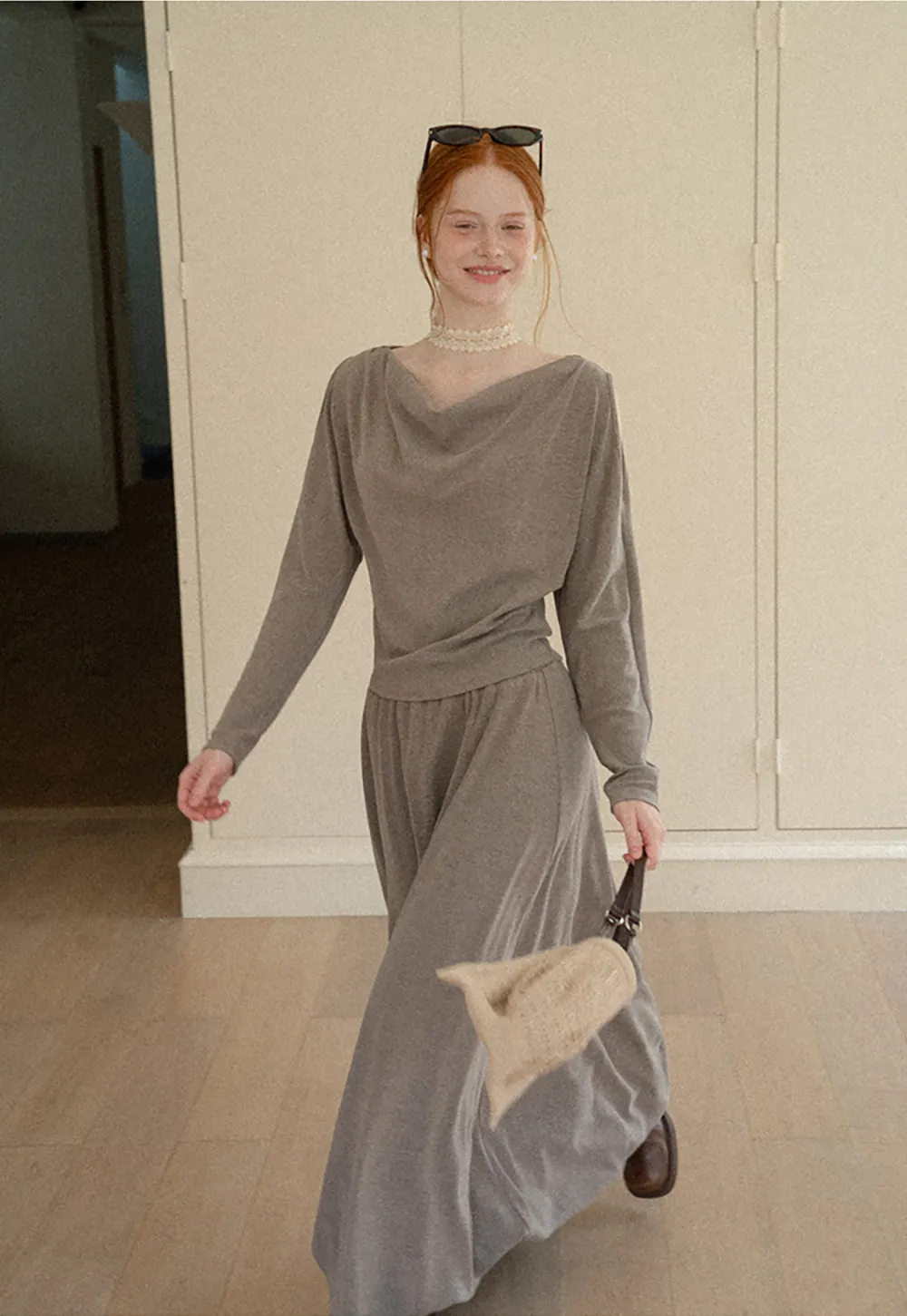 Cowl Neck Cold Shoulder Long Sleeve Dress