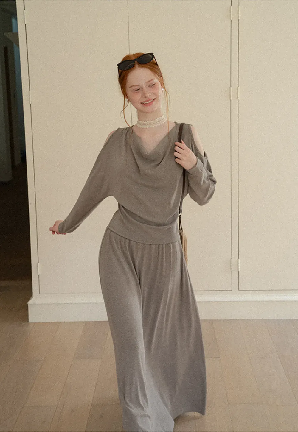 Cowl Neck Cold Shoulder Long Sleeve Dress