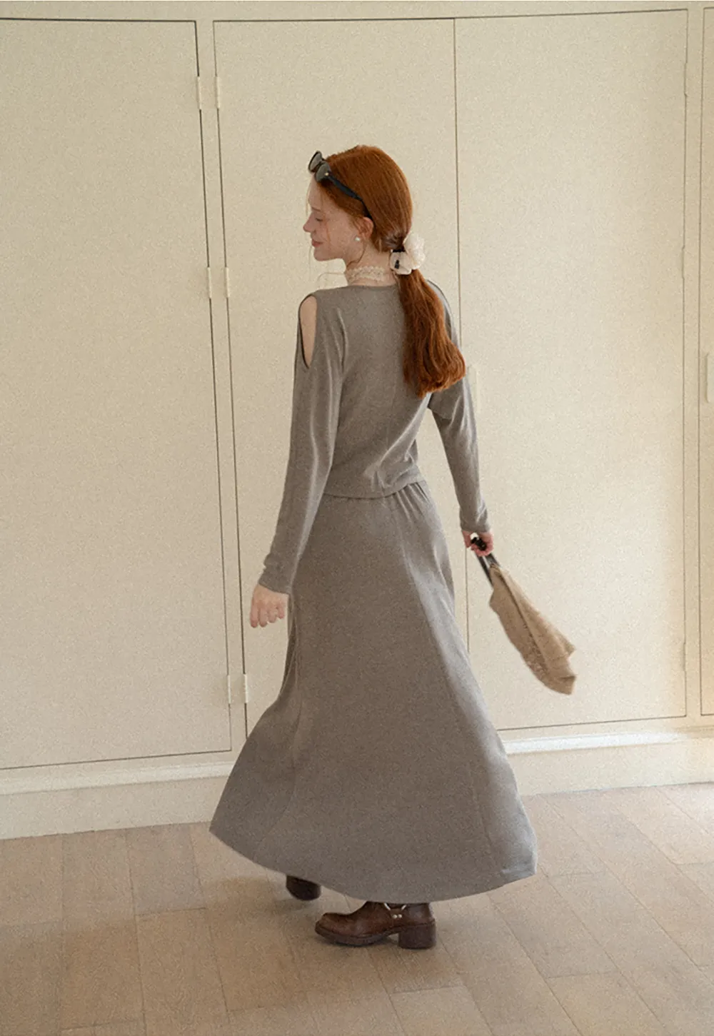 Cowl Neck Cold Shoulder Long Sleeve Dress