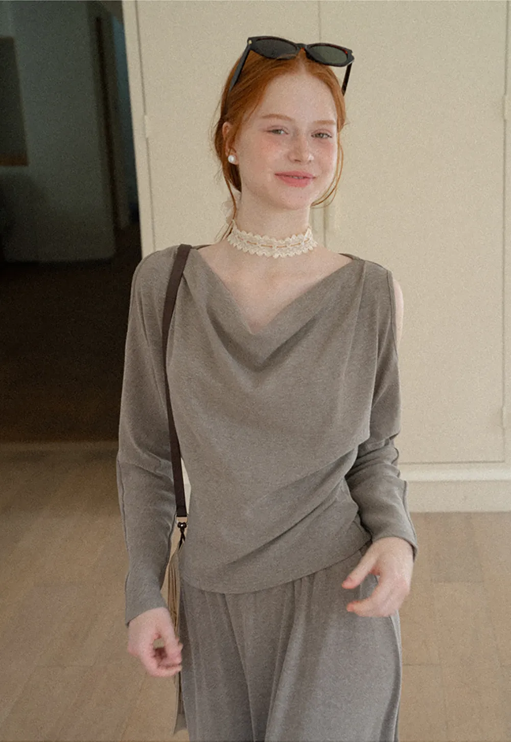 Cowl Neck Cold Shoulder Long Sleeve Dress