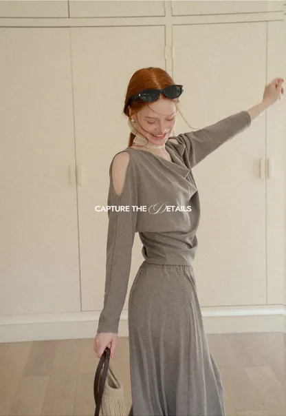 Cowl Neck Cold Shoulder Long Sleeve Dress
