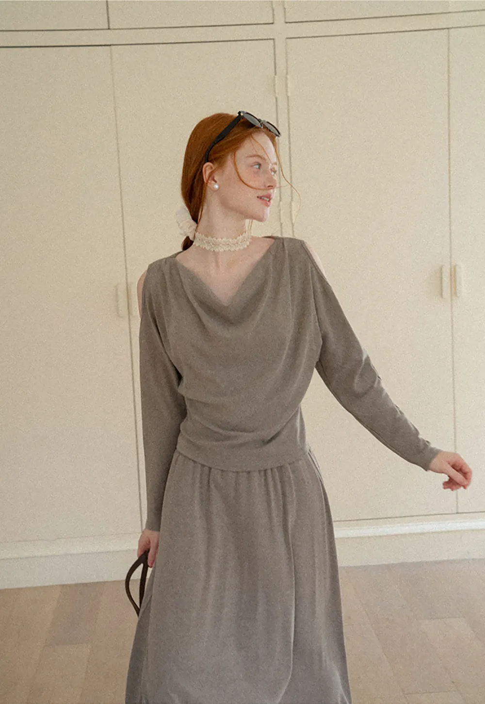 Cowl Neck Cold Shoulder Long Sleeve Dress