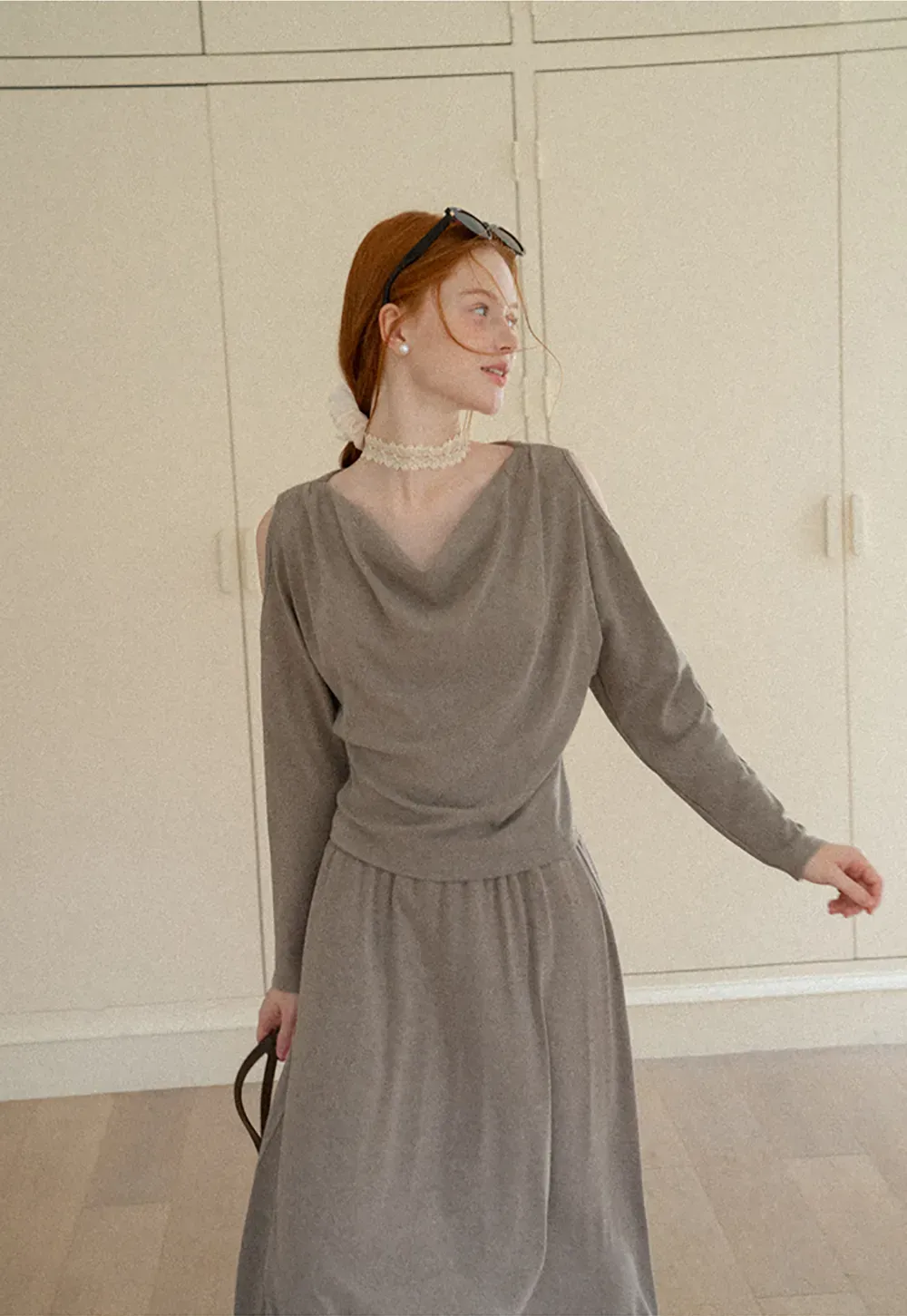 Cowl Neck Cold Shoulder Long Sleeve Dress