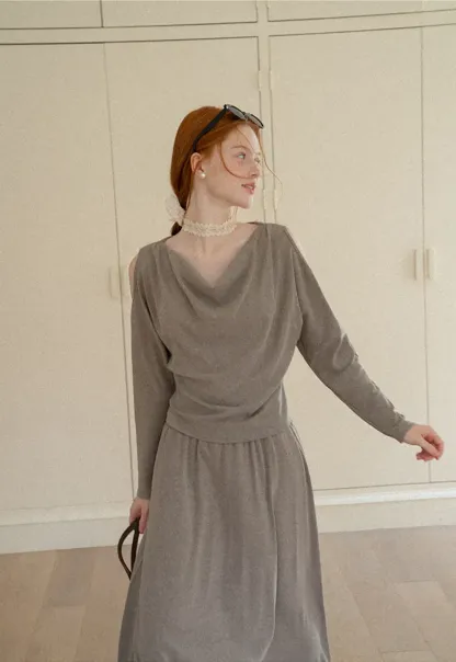 Cowl Neck Cold Shoulder Long Sleeve Dress