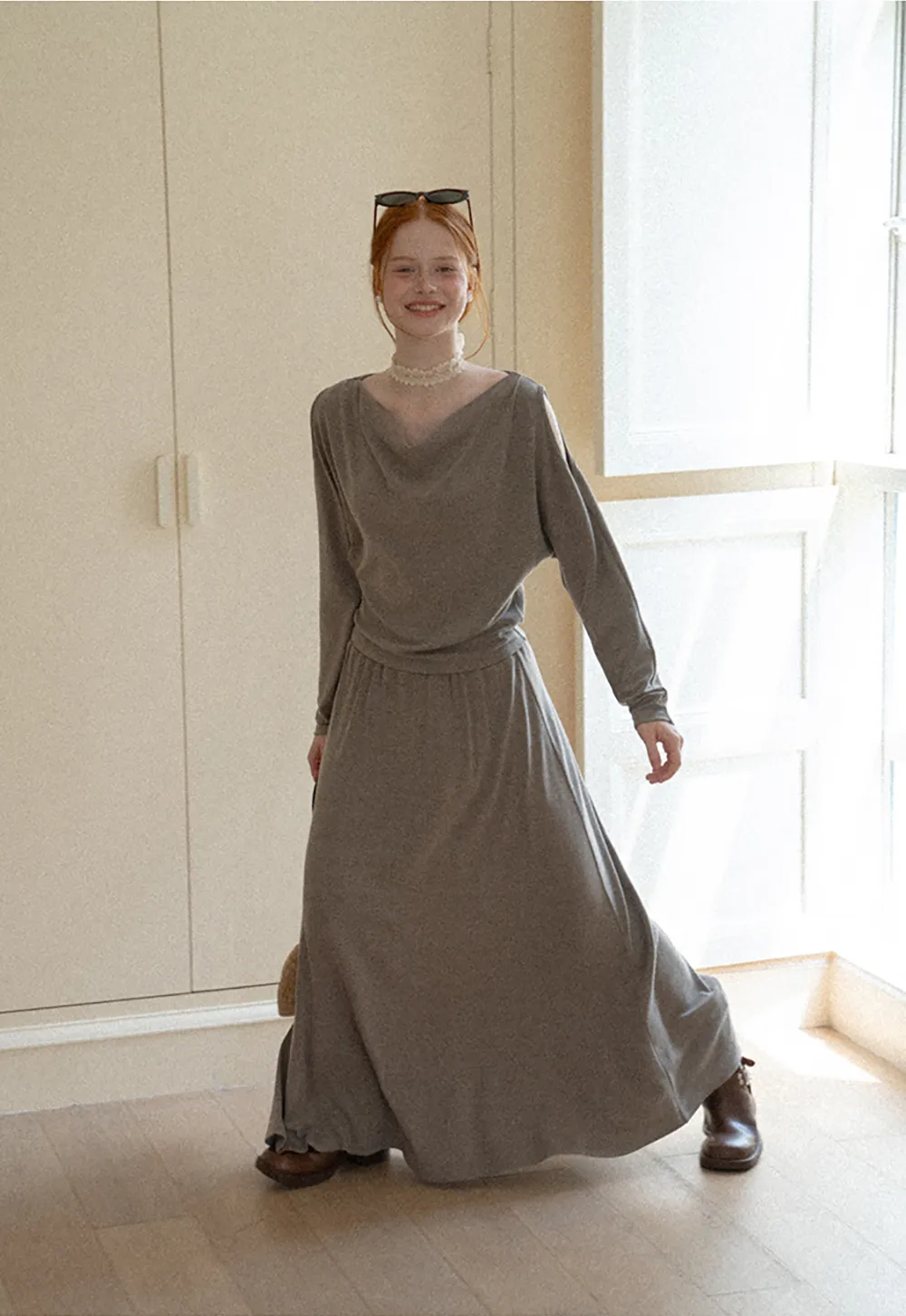 Cowl Neck Cold Shoulder Long Sleeve Dress