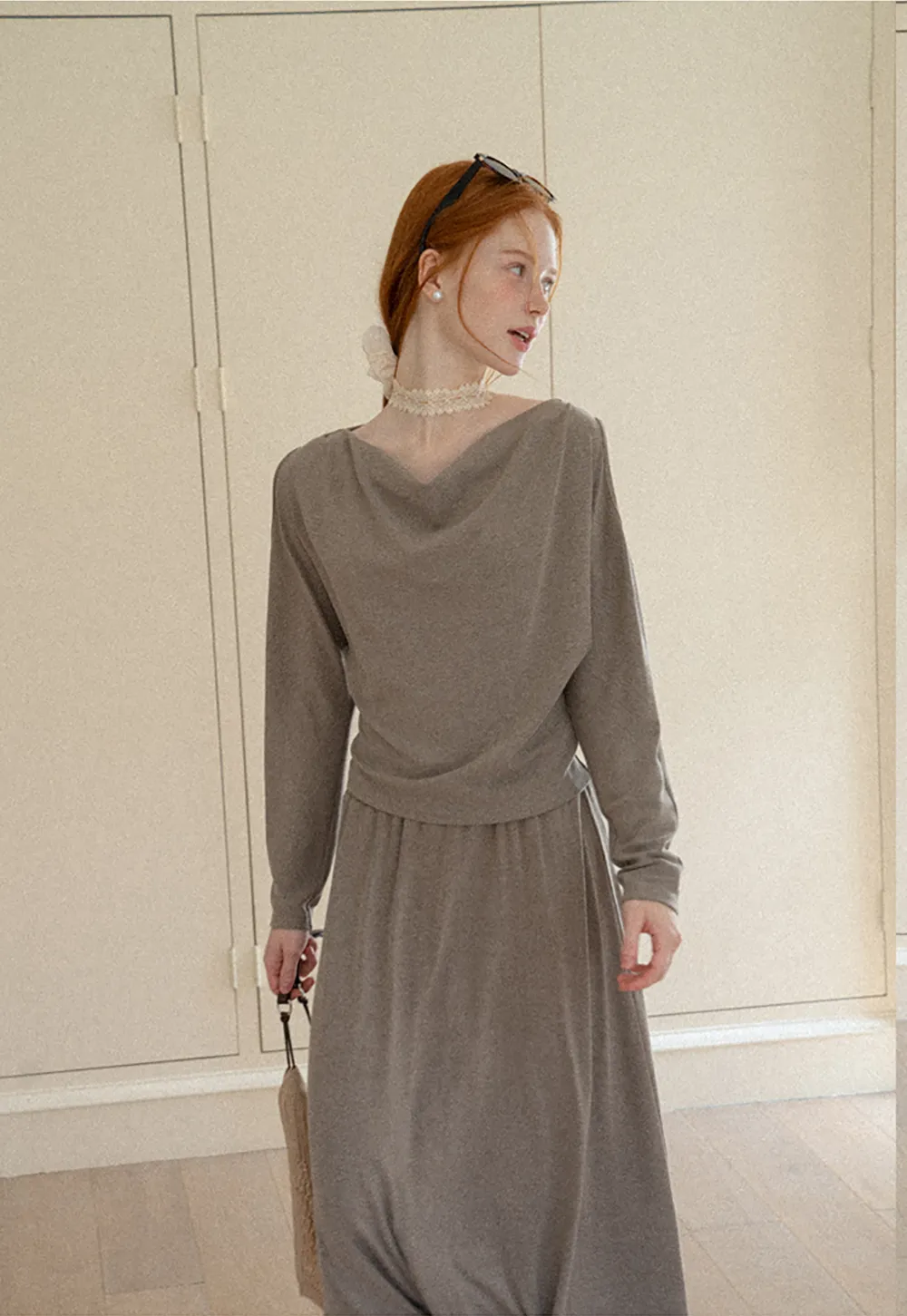 Cowl Neck Cold Shoulder Long Sleeve Dress