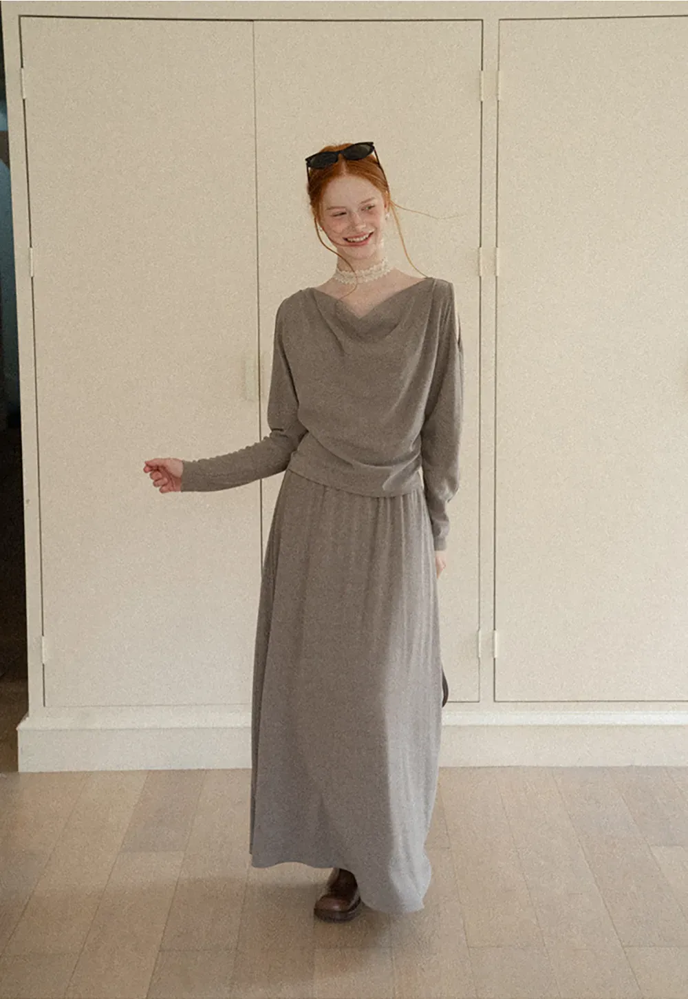 Cowl Neck Cold Shoulder Long Sleeve Dress