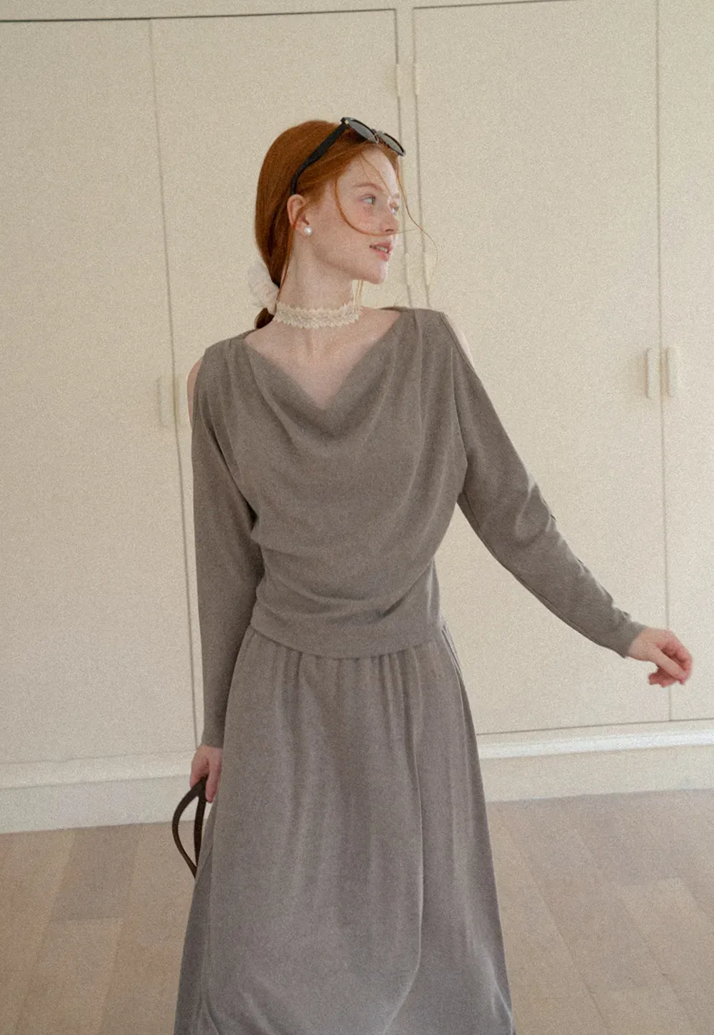 Cowl Neck Cold Shoulder Long Sleeve Dress