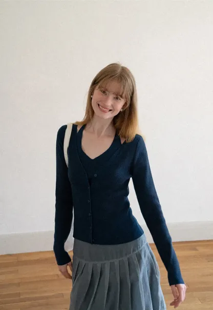 V Neck Button Front Cardigan Woolen Knit Sweater