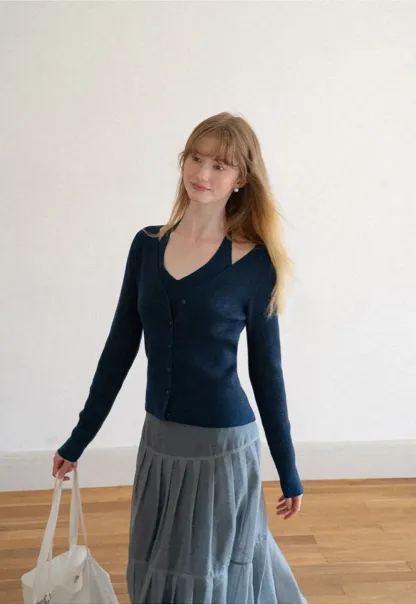 V Neck Button Front Cardigan Woolen Knit Sweater
