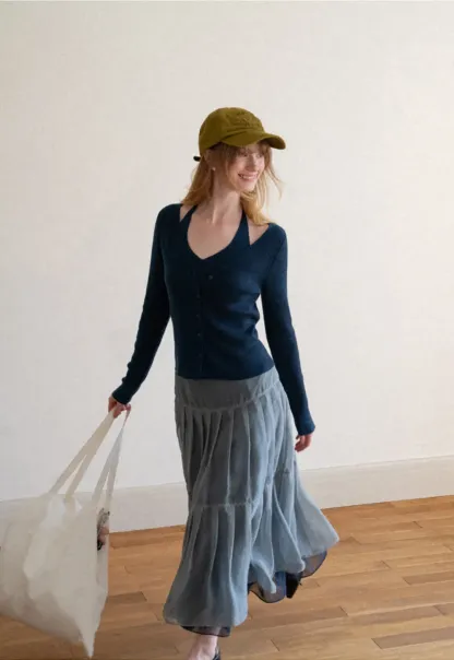 V Neck Button Front Cardigan Woolen Knit Sweater