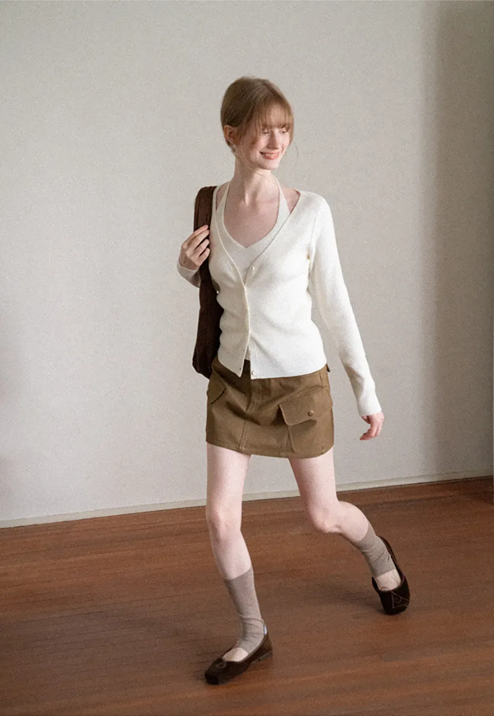 V Neck Button Front Cardigan Woolen Knit Sweater