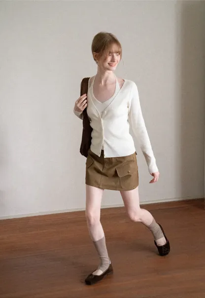 V Neck Button Front Cardigan Woolen Knit Sweater