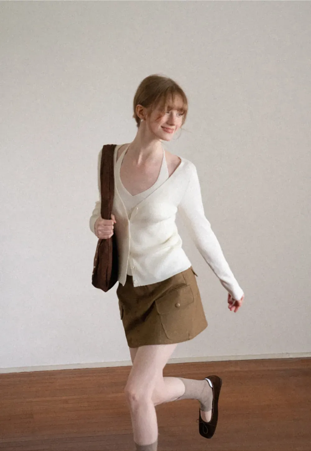 V Neck Button Front Cardigan Woolen Knit Sweater