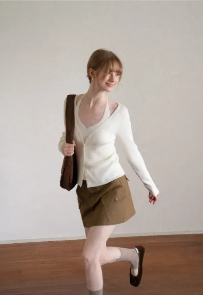 V Neck Button Front Cardigan Woolen Knit Sweater