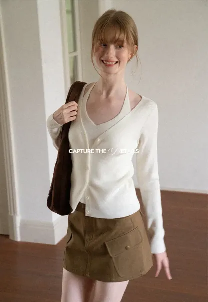 V Neck Button Front Cardigan Woolen Knit Sweater