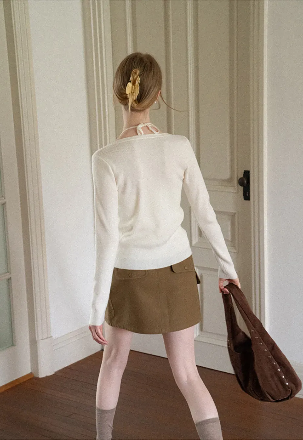 V Neck Button Front Cardigan Woolen Knit Sweater