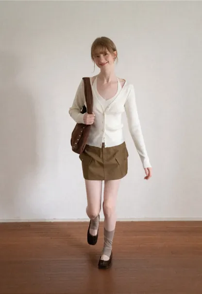 V Neck Button Front Cardigan Woolen Knit Sweater