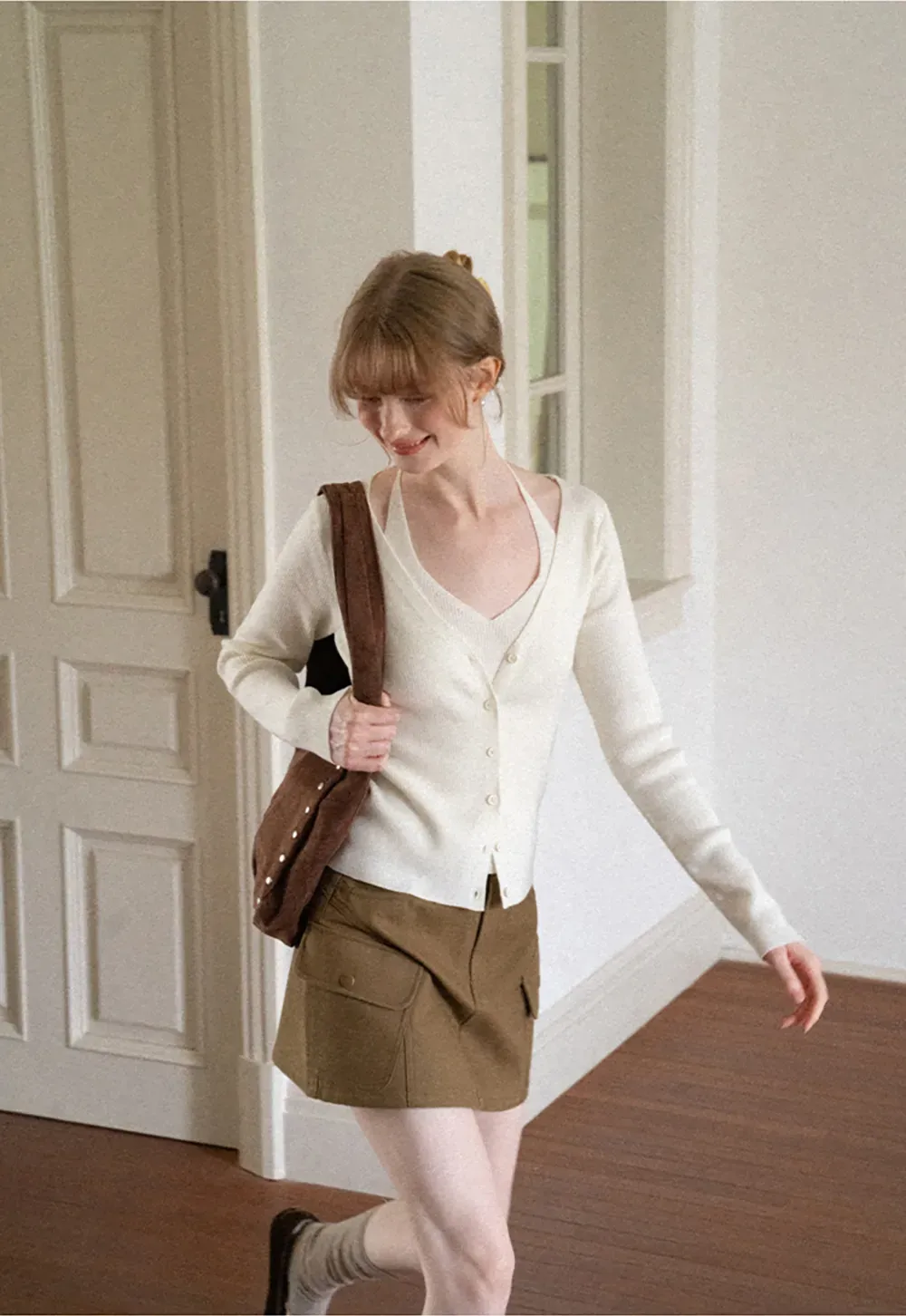 V Neck Button Front Cardigan Woolen Knit Sweater