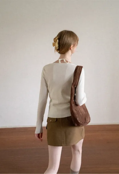 V Neck Button Front Cardigan Woolen Knit Sweater