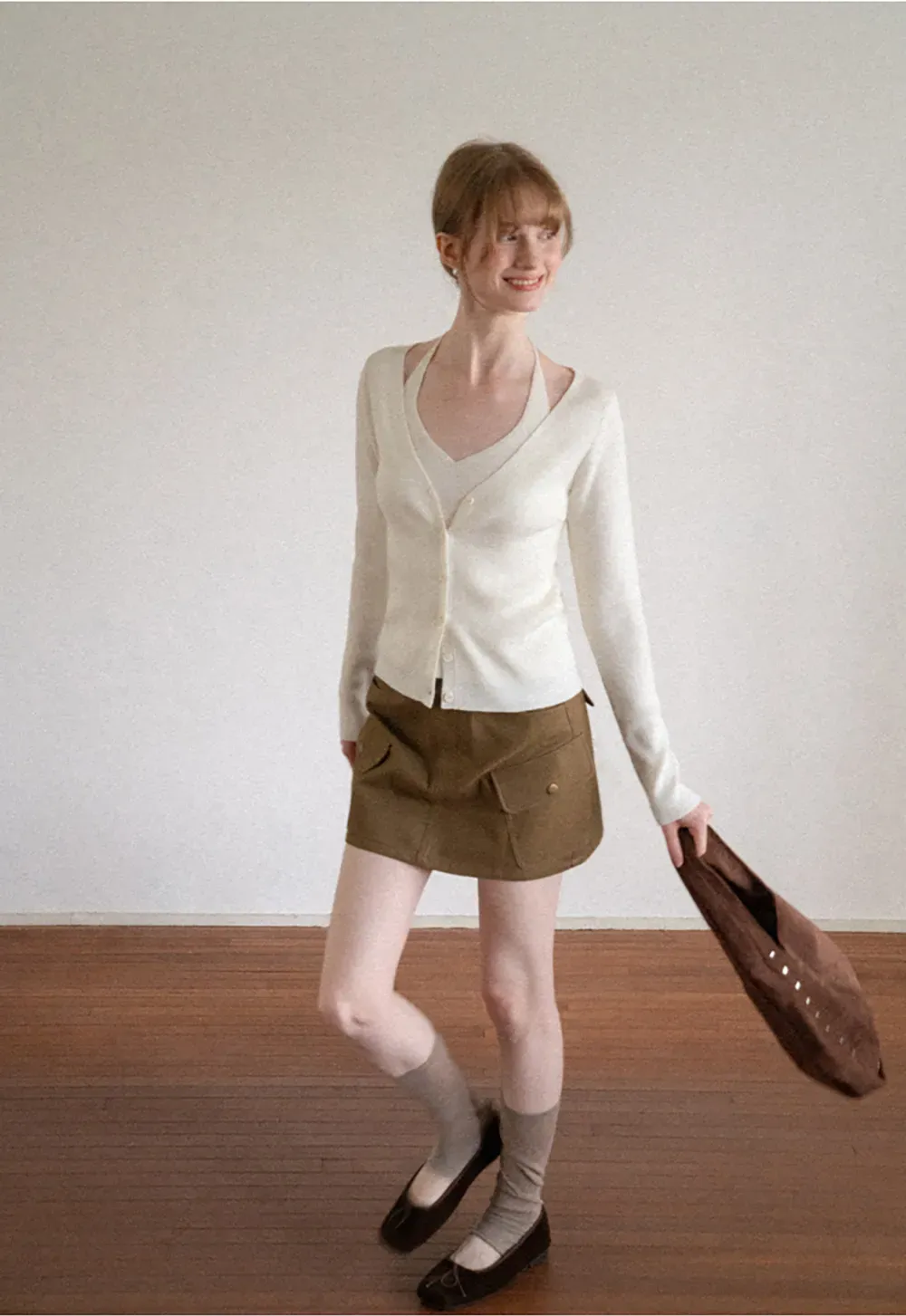 V Neck Button Front Cardigan Woolen Knit Sweater