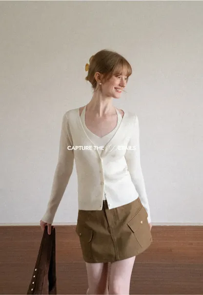 V Neck Button Front Cardigan Woolen Knit Sweater
