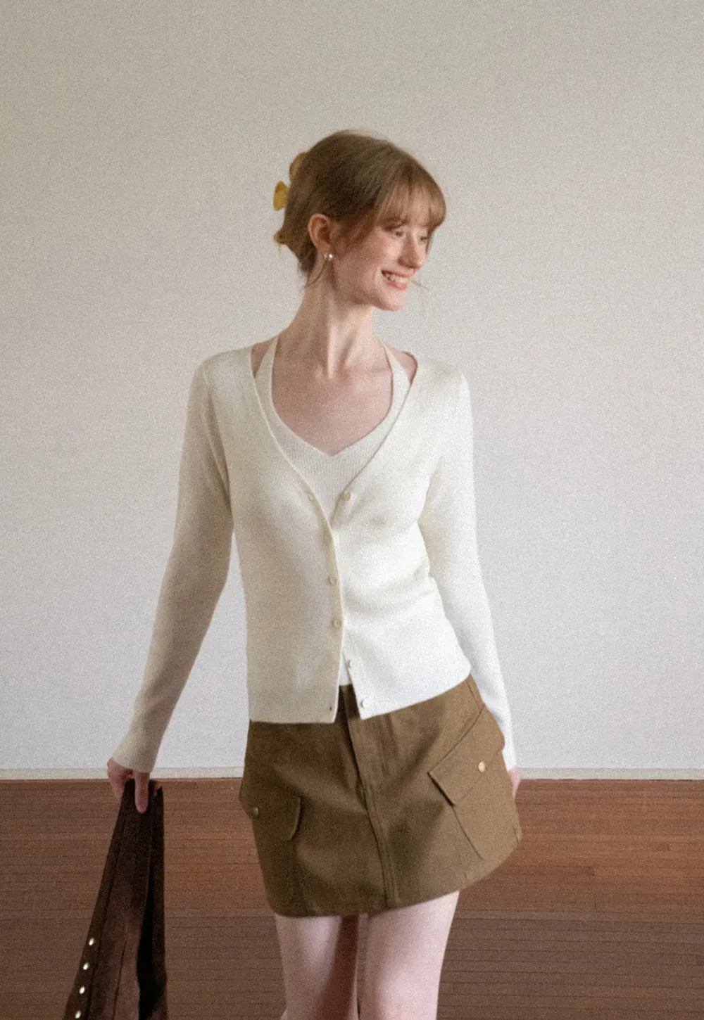 V Neck Button Front Cardigan Woolen Knit Sweater