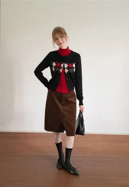 Corduroy A Line Mini Skirt with Center Seam