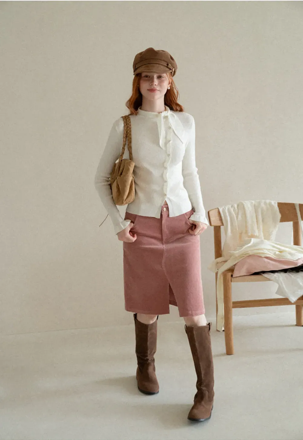 Corduroy A Line Mini Skirt with Center Seam