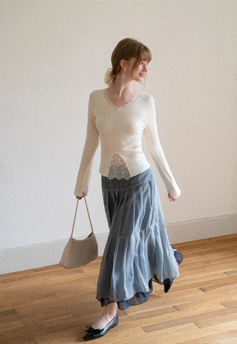 Tiered Sheer Overlay Midi Skirt