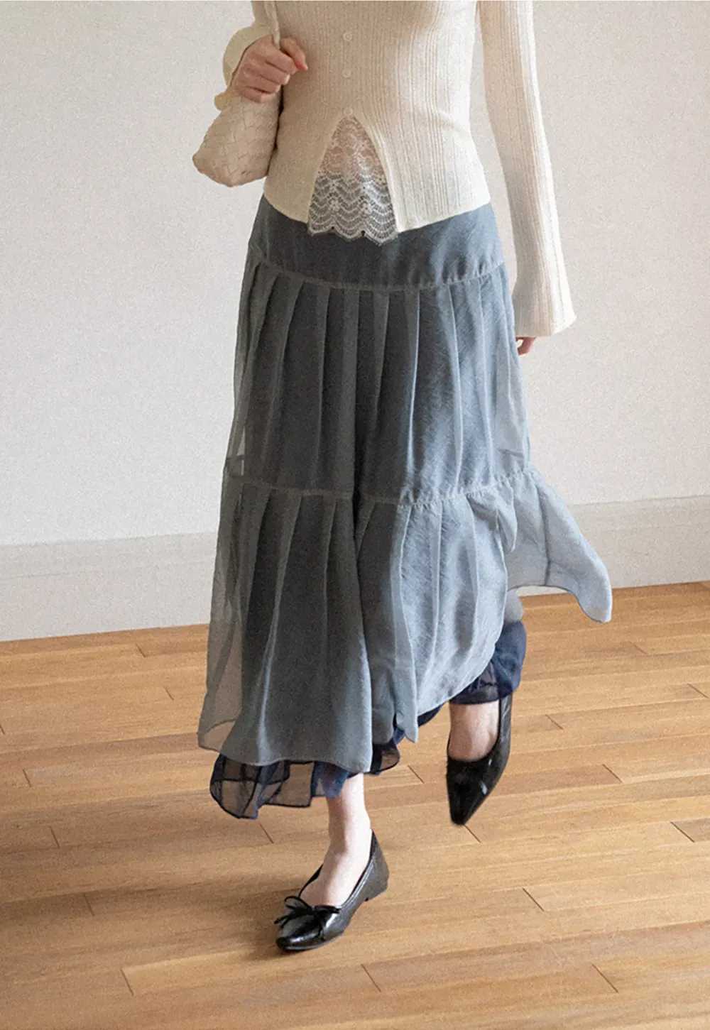 Tiered Sheer Overlay Midi Skirt