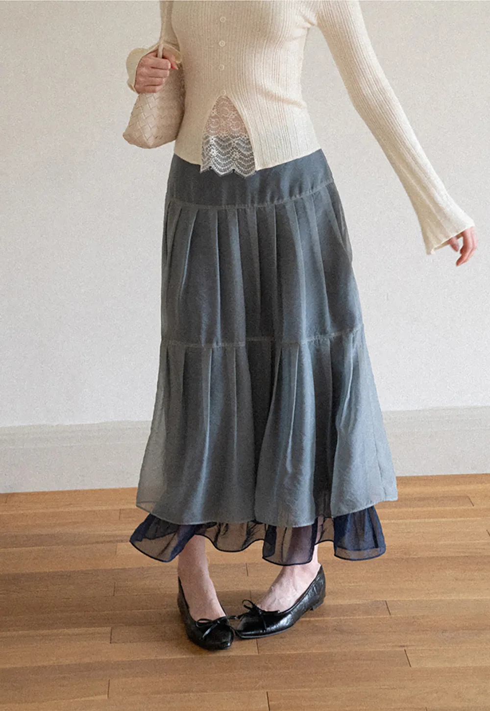 Tiered Sheer Overlay Midi Skirt