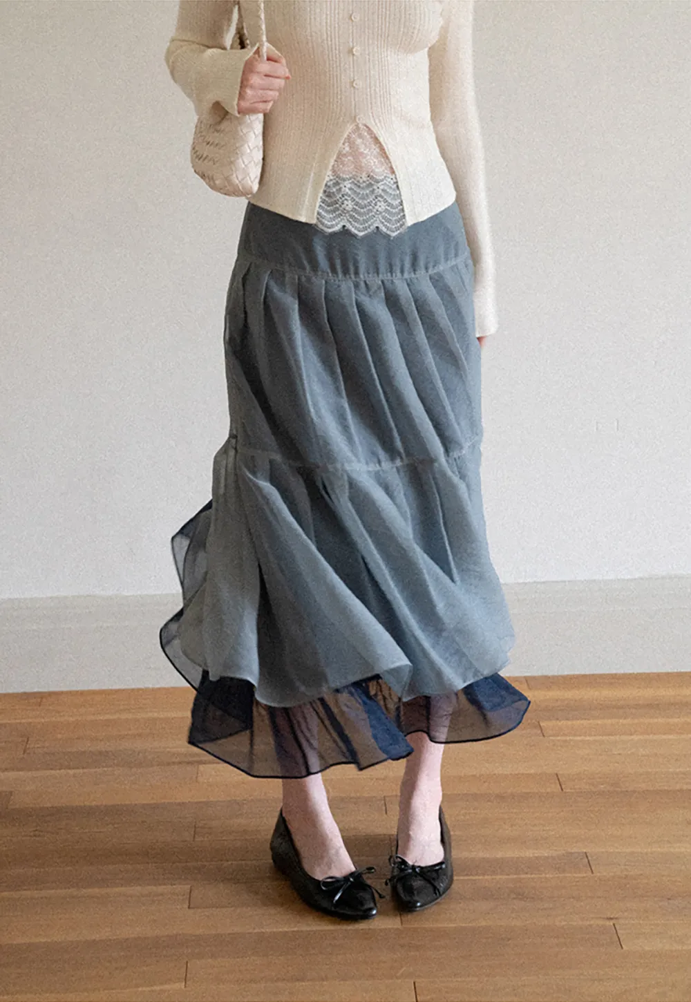Tiered Sheer Overlay Midi Skirt