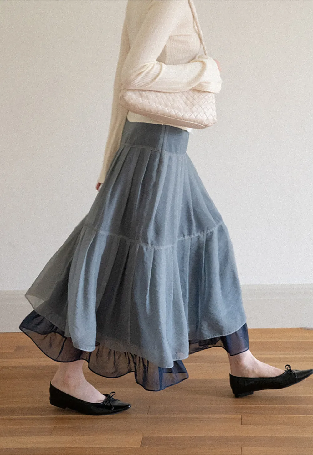 Tiered Sheer Overlay Midi Skirt