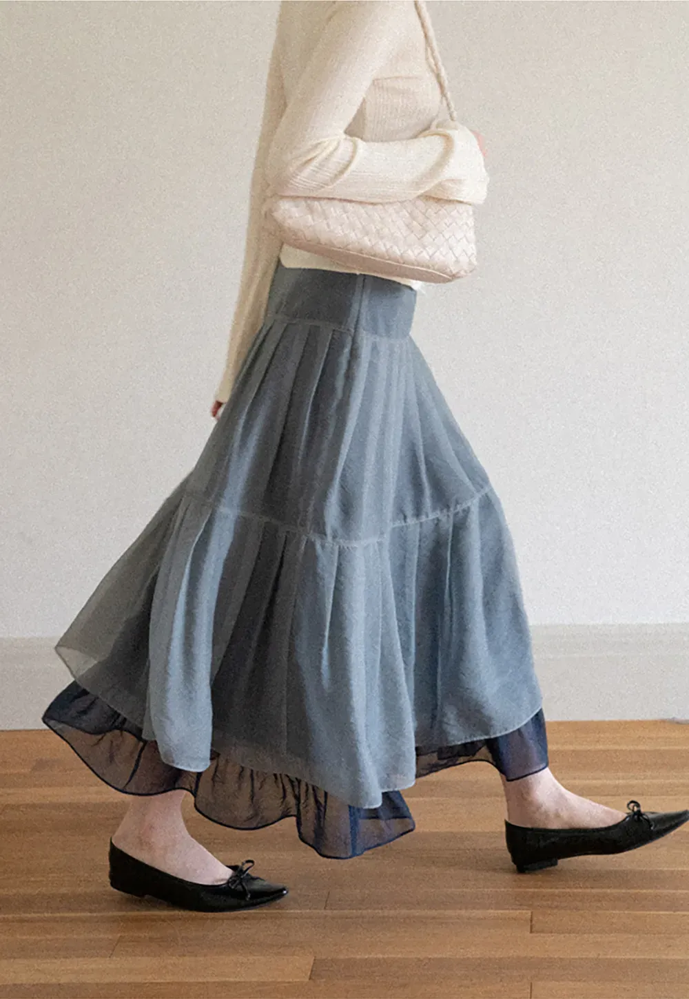 Tiered Sheer Overlay Midi Skirt