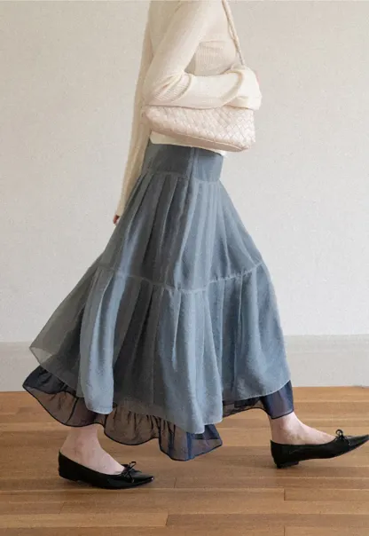Tiered Sheer Overlay Midi Skirt