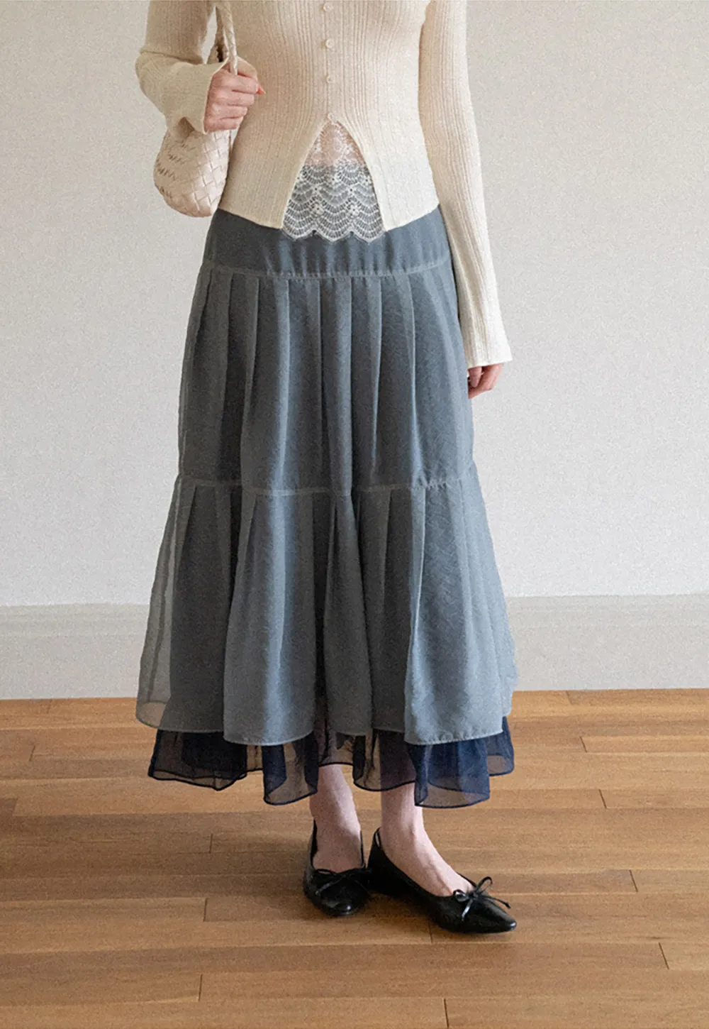 Tiered Sheer Overlay Midi Skirt