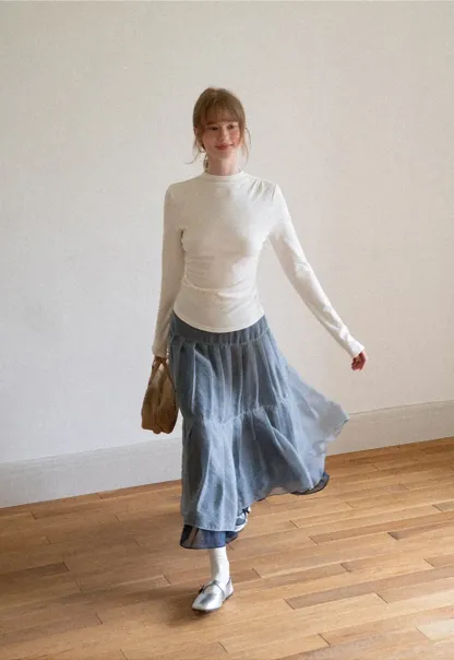 Tiered Sheer Overlay Midi Skirt